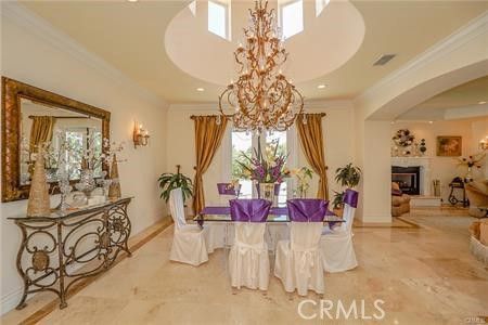 Chandelier, Dining room, Fireplace, Interior, Recessed Lighting