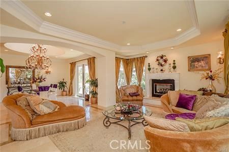 Chandelier, Dining room, Fireplace, Interior, Living room, Recessed Lighting, Wood Texture Flooring