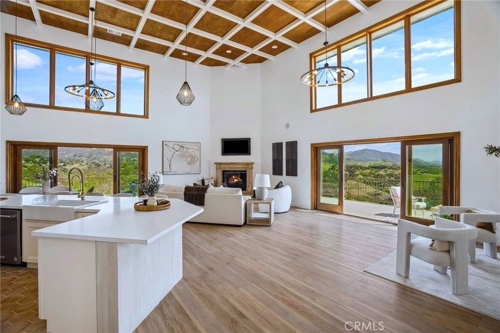 Dining room, Fireplace, Interior, Kitchen, Living room, Pendant Lights, Wood Texture Flooring