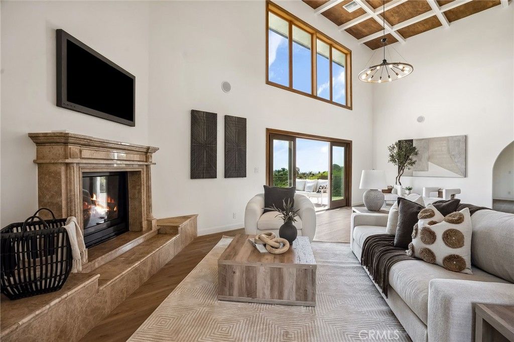 Fireplace, Interior, Living room, Pendant Lights, Wooden Beams, Wooden Ceilings, Wood Texture Flooring