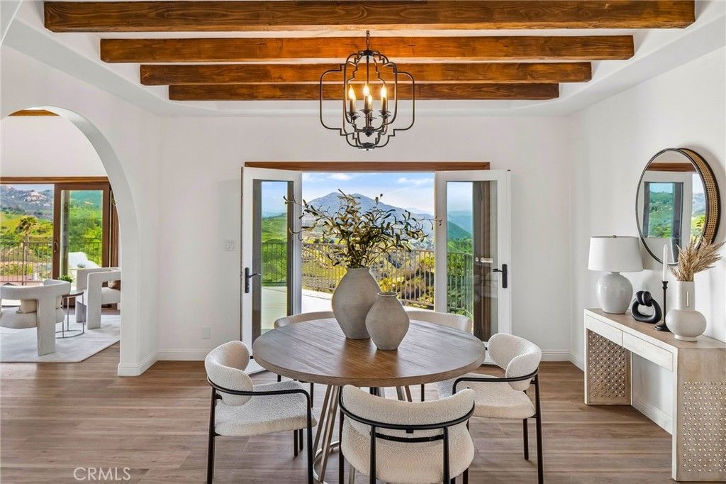 Chandelier, Dining room, Interior, Wooden Beams, Wood Texture Flooring