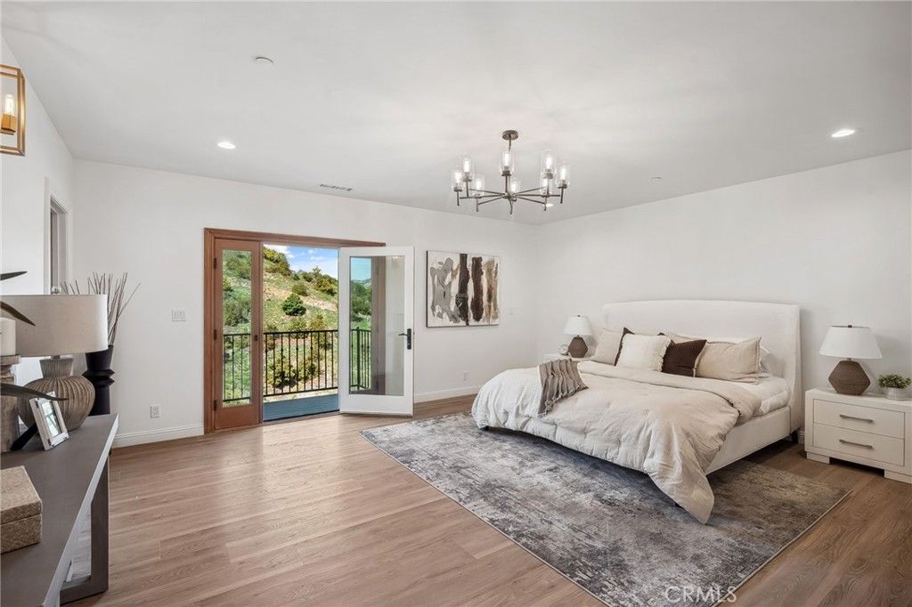 Bedroom, Chandelier, Interior, Recessed Lighting, Wood Texture Flooring