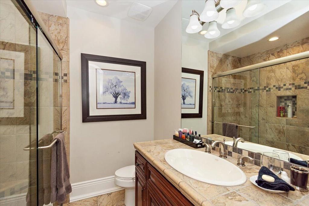 Bathroom, Glass Shower, Interior, Recessed Lighting, Tile Countertops