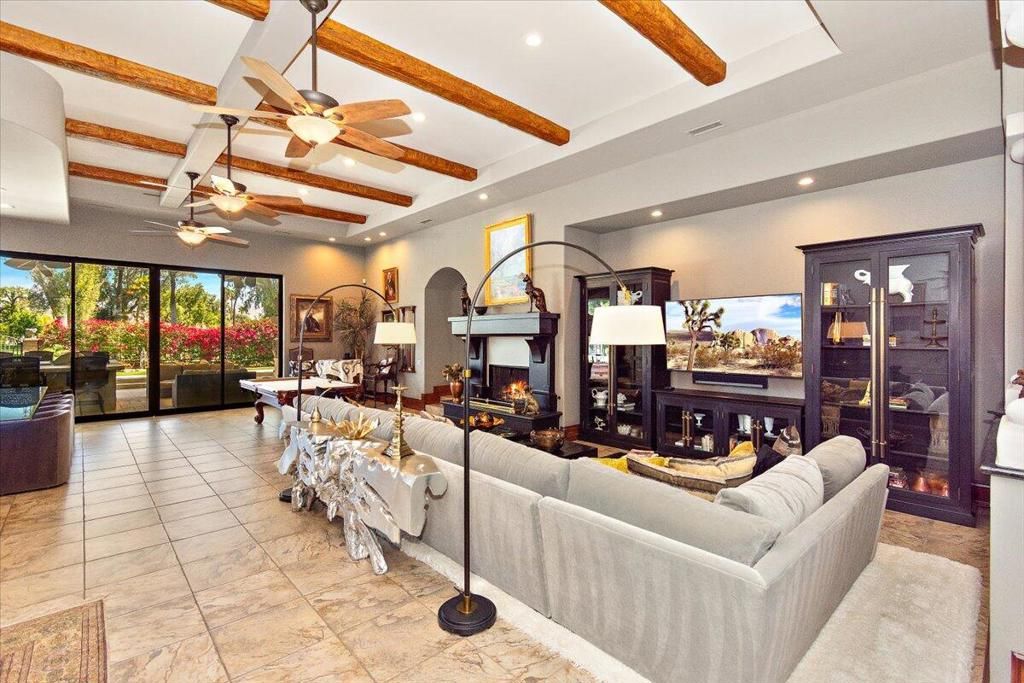 Fireplace, Interior, Living room, Recessed Lighting, Water, Wooden Beams