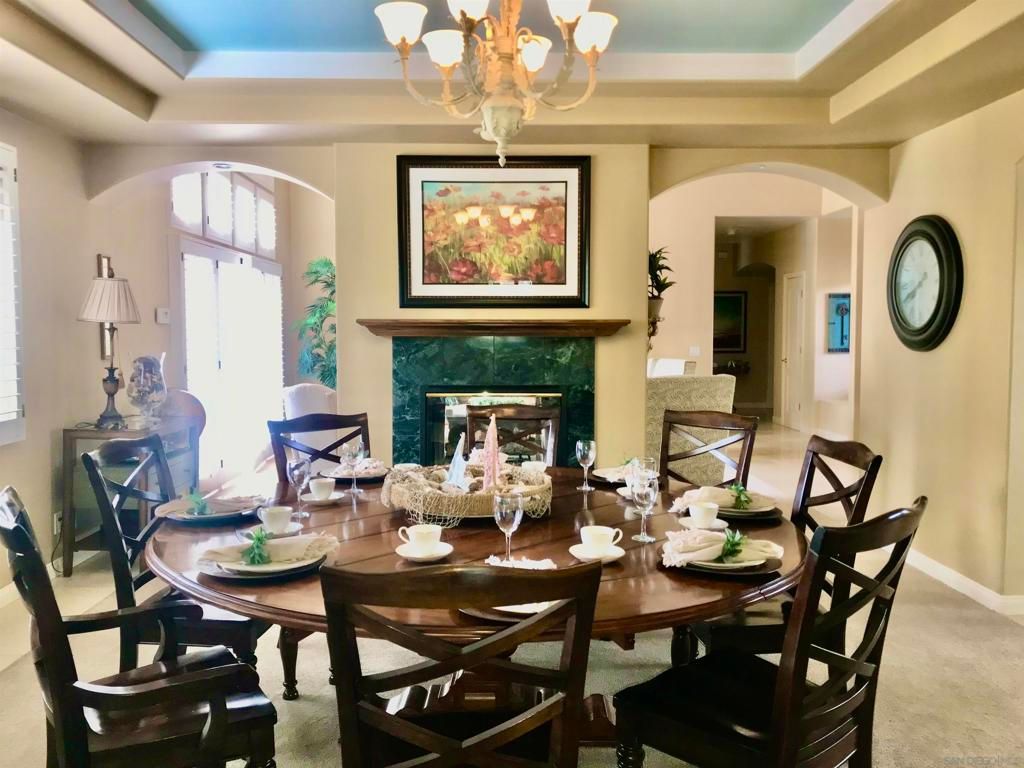Chandelier, Dining room, Fireplace, Interior