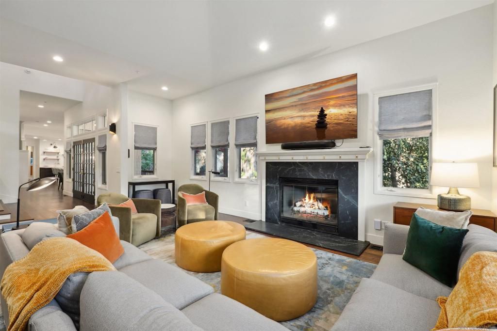 Fireplace, Interior, Living room, Recessed Lighting, Wood Texture Flooring
