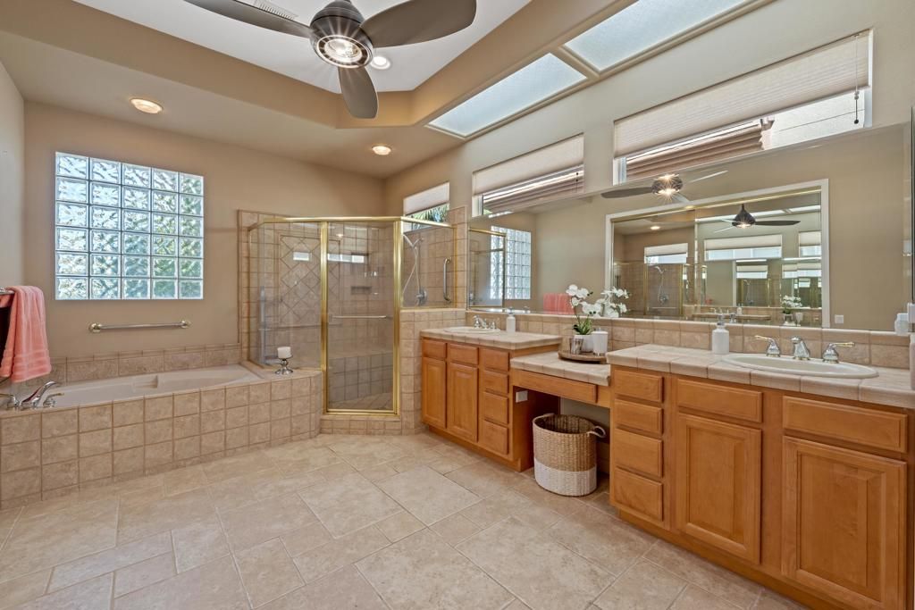 Bathroom, Dual Sink Vanities, Glass Shower, Interior, Recessed Lighting, Tile Countertops