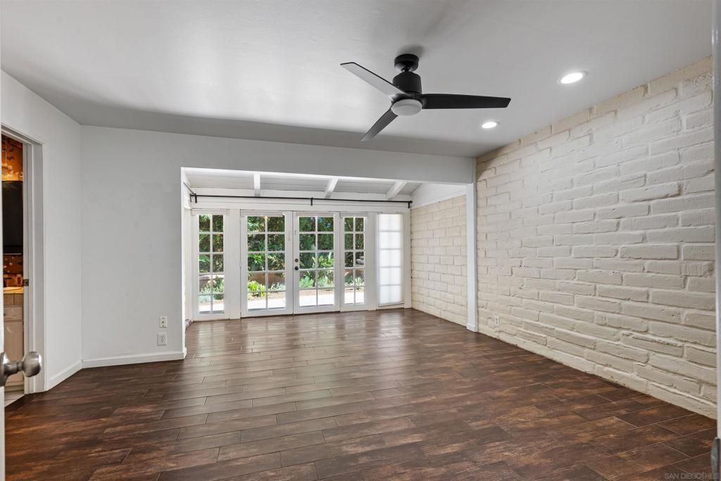 Empty room, Interior, Recessed Lighting, Stone Walls, Wood Texture Flooring