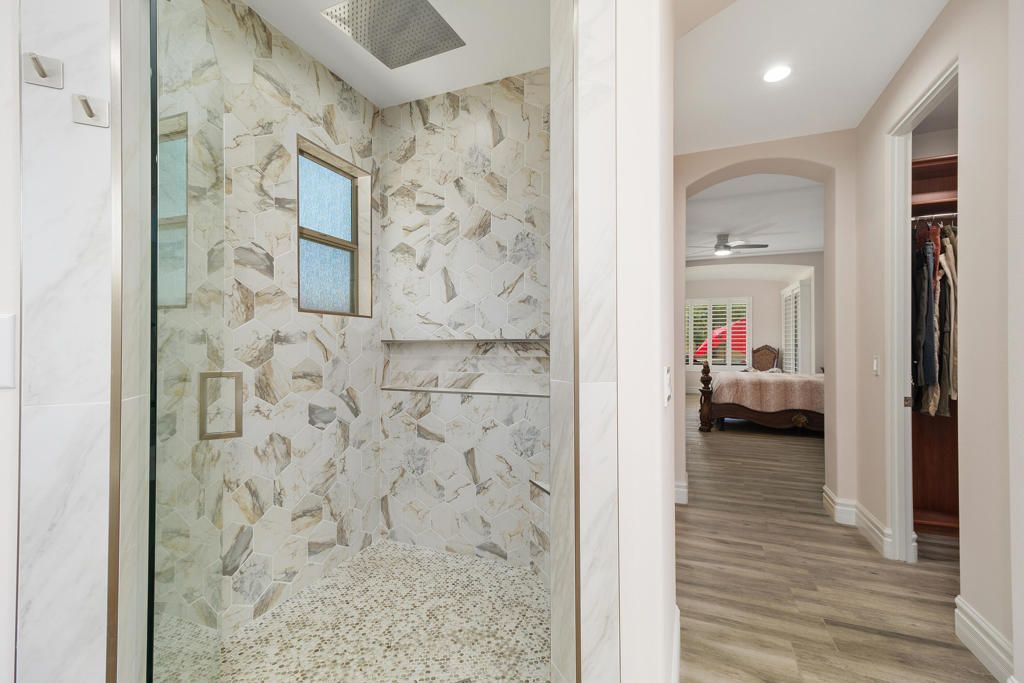 Interior, Marble Walls, Recessed Lighting, Wood Texture Flooring