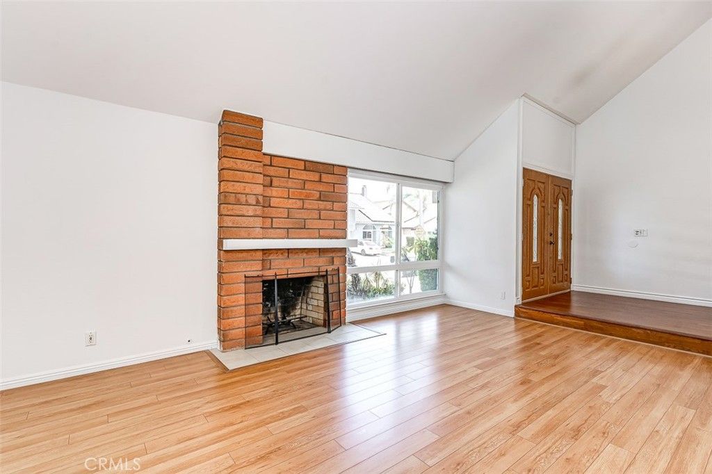 Empty room, Fireplace, Interior, Stone Walls, Wood Texture Flooring