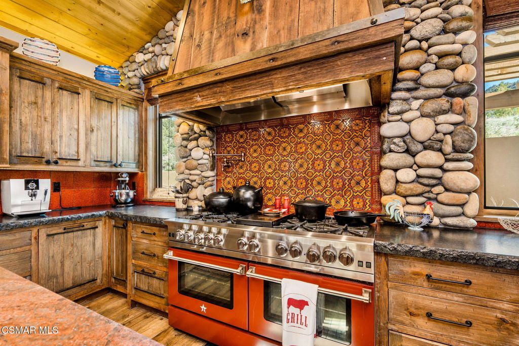Interior, Kitchen, Stainless Steel Appliances, Stone Walls, Wooden Ceilings, Wood Texture Flooring