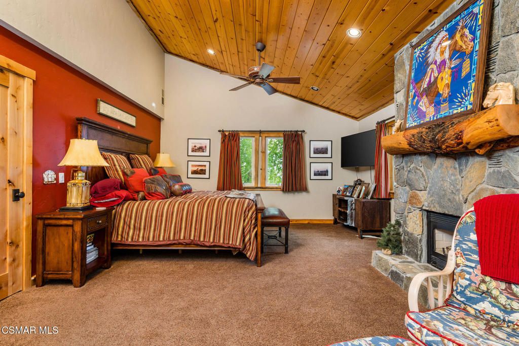 Bedroom, Fireplace, Interior, Recessed Lighting, Wooden Ceilings