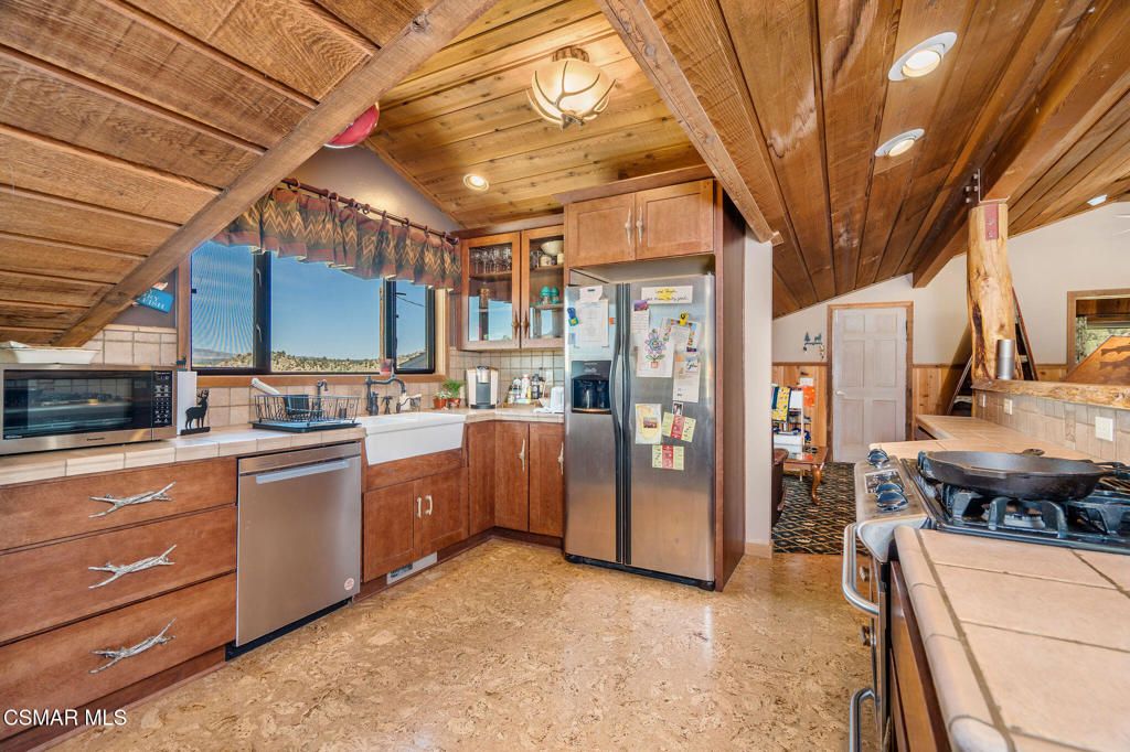 Interior, Kitchen, Recessed Lighting, Stainless Steel Appliances, Tile Countertops, Wooden Beams, Wooden Ceilings