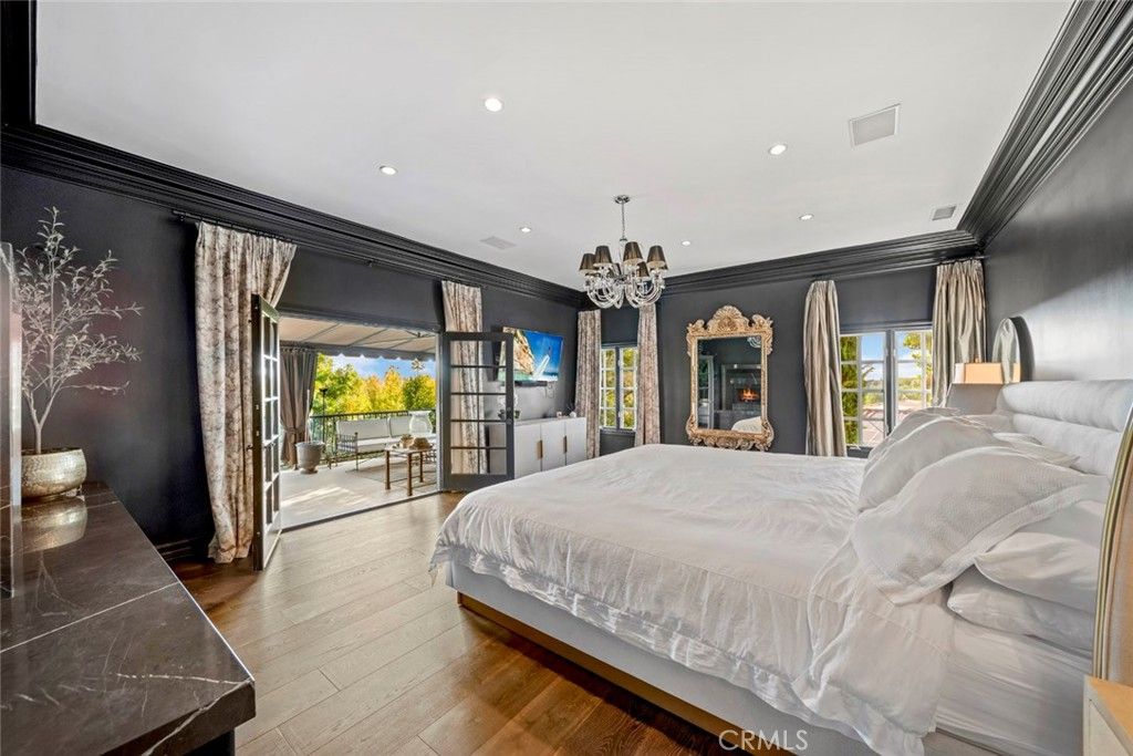 Bedroom, Chandelier, Interior, Recessed Lighting, Wood Texture Flooring