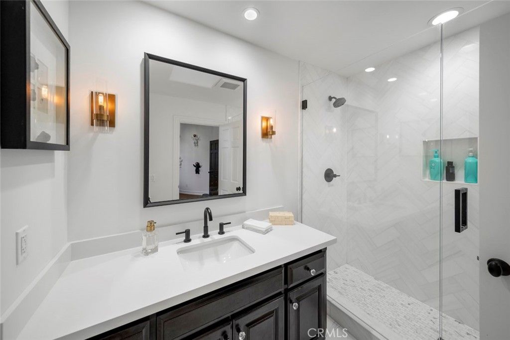 Bathroom, Glass Shower, Interior, Marble Walls, Recessed Lighting