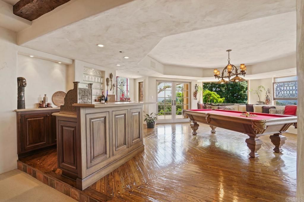 Billiard Table, Chandelier, Game Room, Interior, Recessed Lighting, Wood Texture Flooring
