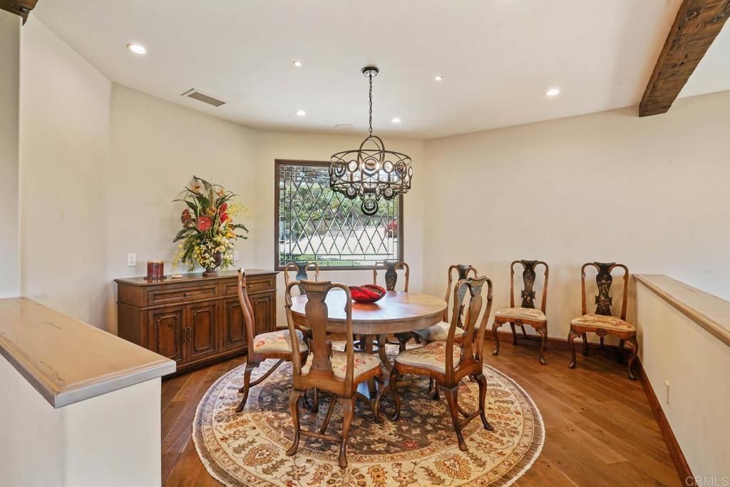 Dining room, Interior, Pendant Lights, Recessed Lighting, Wood Texture Flooring