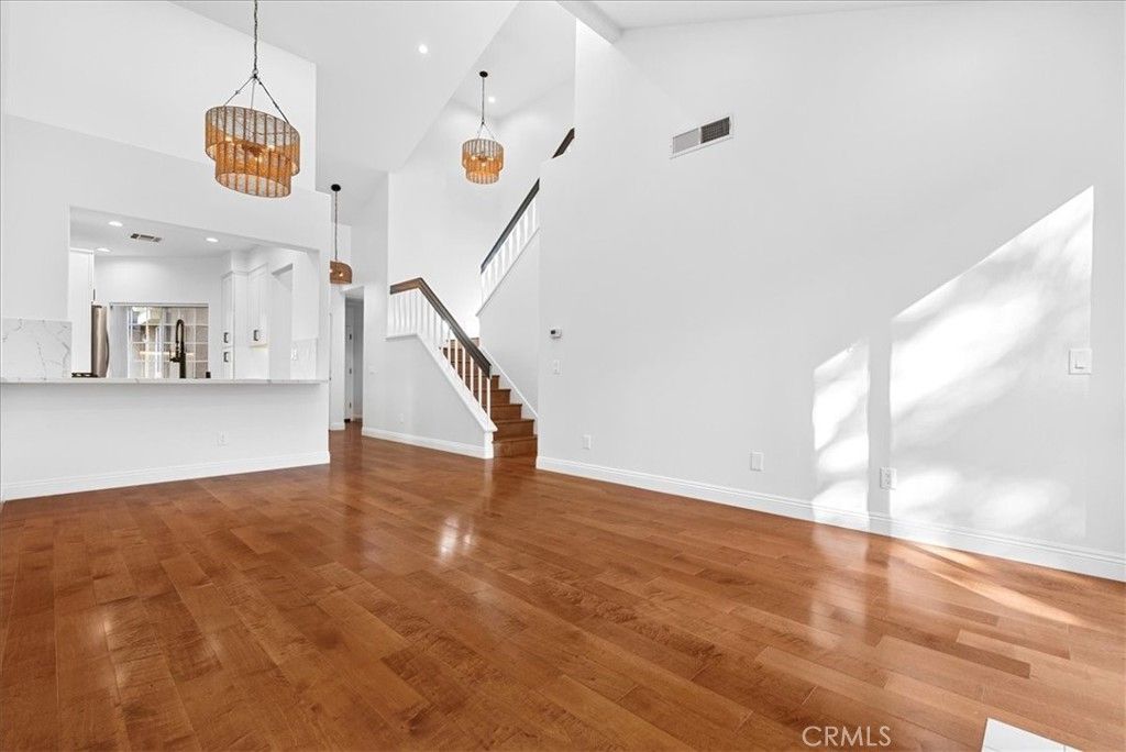 Empty room, Interior, Pendant Lights, Recessed Lighting, Wood Texture Flooring