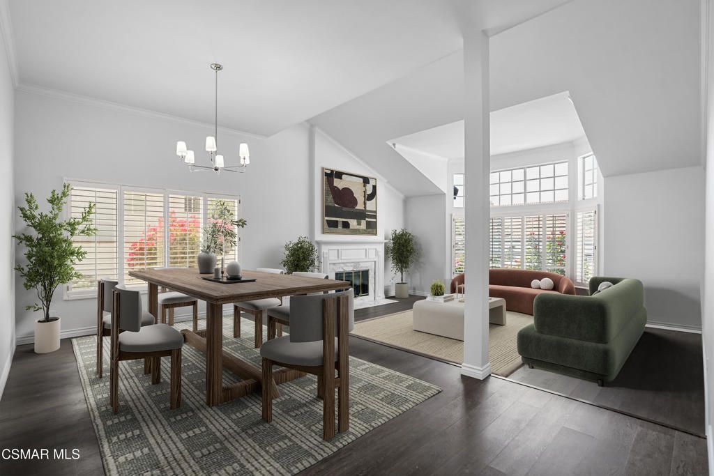 Dining room, Fireplace, Interior, Living room, Pendant Lights, Wood Texture Flooring