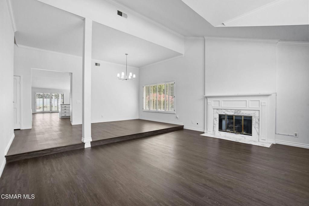 Empty room, Fireplace, Interior, Pendant Lights, Wood Texture Flooring
