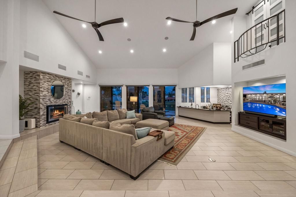 Fireplace, Interior, Living room, Recessed Lighting, Stone Walls