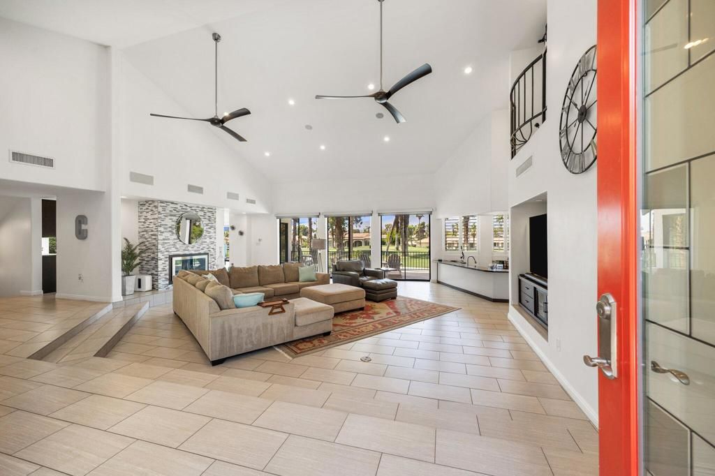 Fireplace, Interior, Living room, Recessed Lighting, Stone Walls