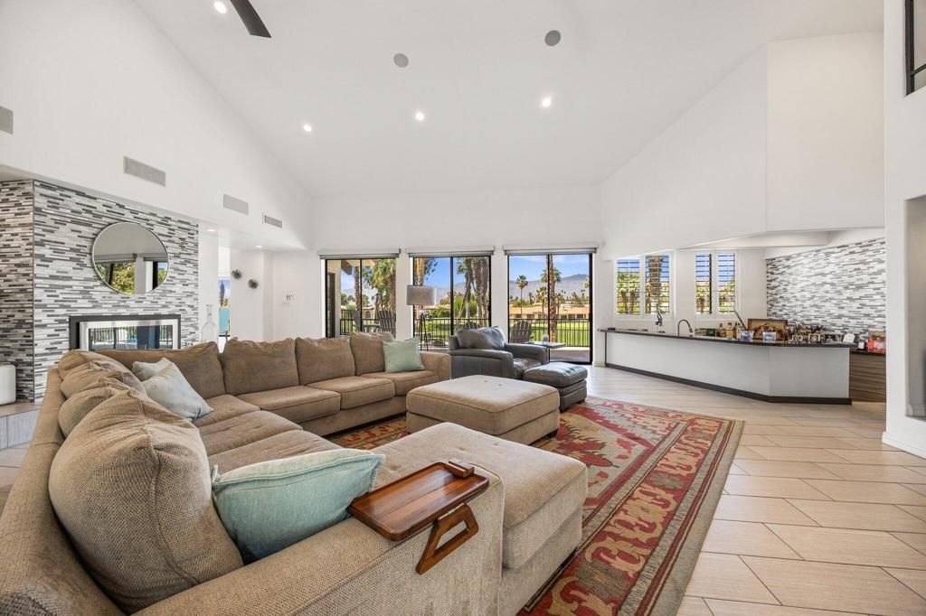 Fireplace, Interior, Living room, Recessed Lighting, Stone Walls