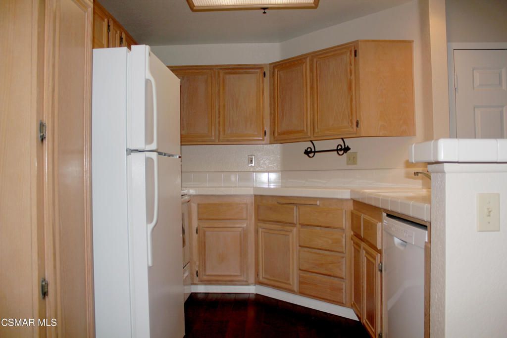Interior, Kitchen, Tile Countertops, Wood Texture Flooring