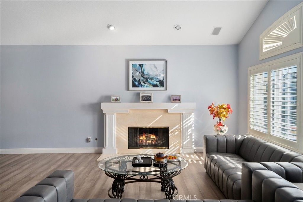 Fireplace, Interior, Living room, Recessed Lighting, Wood Texture Flooring