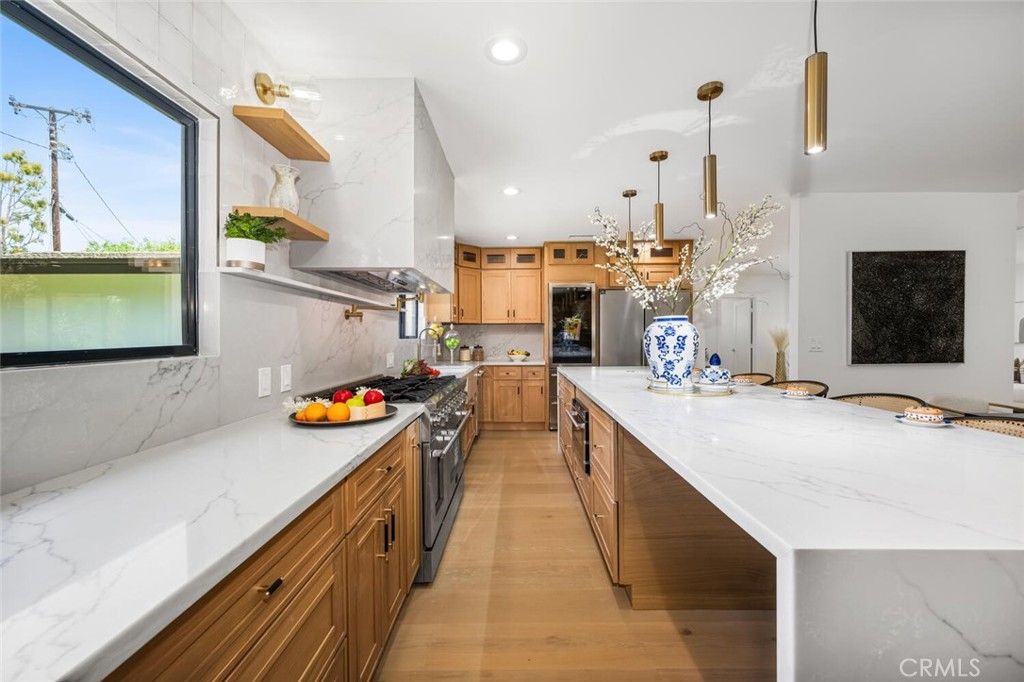 Interior, Kitchen, Marble Walls, Pendant Lights, Recessed Lighting, Wood Texture Flooring