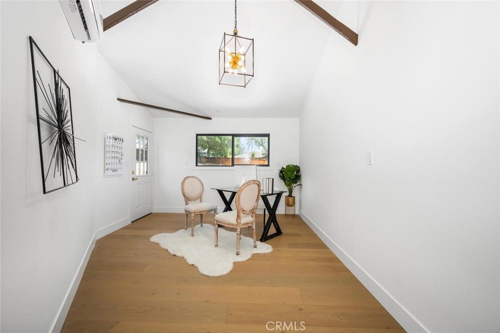 Dining room, Interior, Pendant Lights, Wooden Beams, Wood Texture Flooring