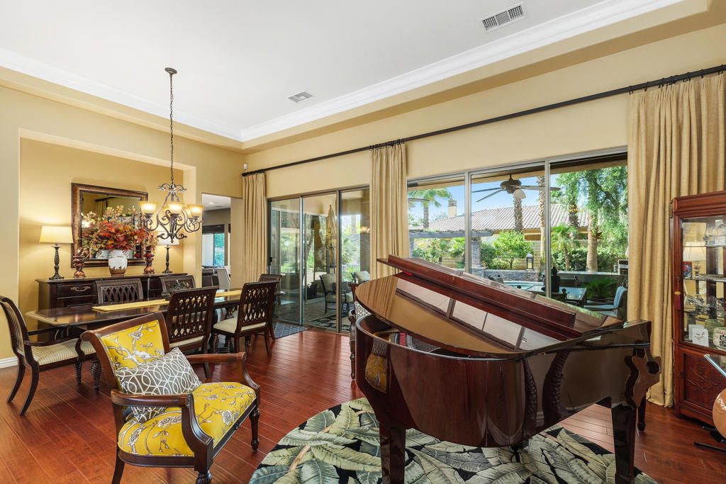 Chandelier, Dining room, Interior, Piano, Wood Texture Flooring