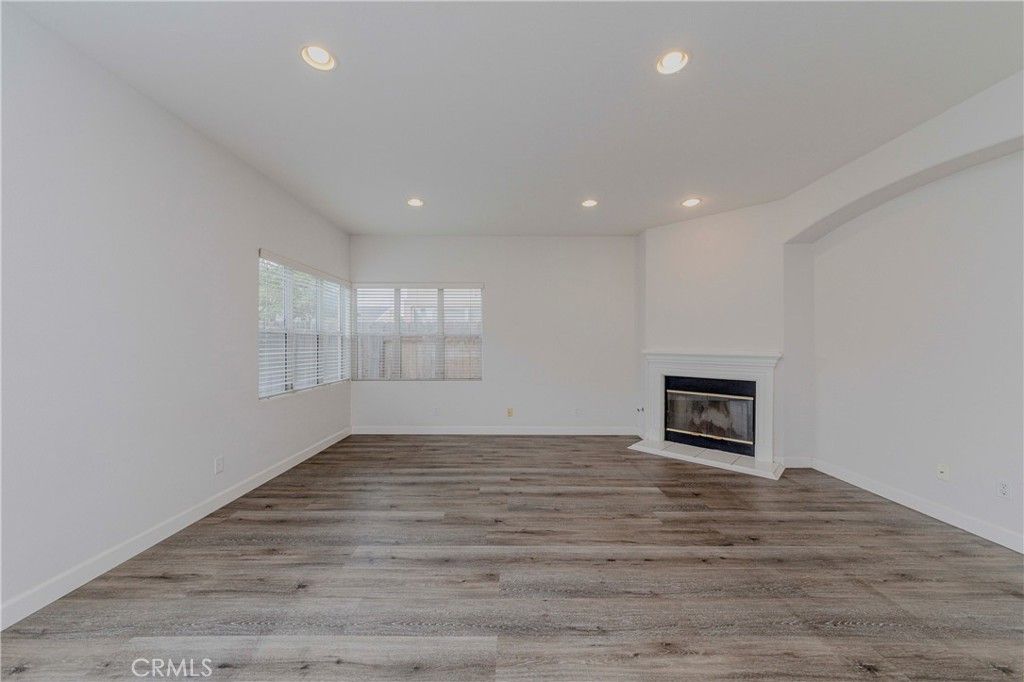 Empty room, Fireplace, Interior, Recessed Lighting, Wood Texture Flooring