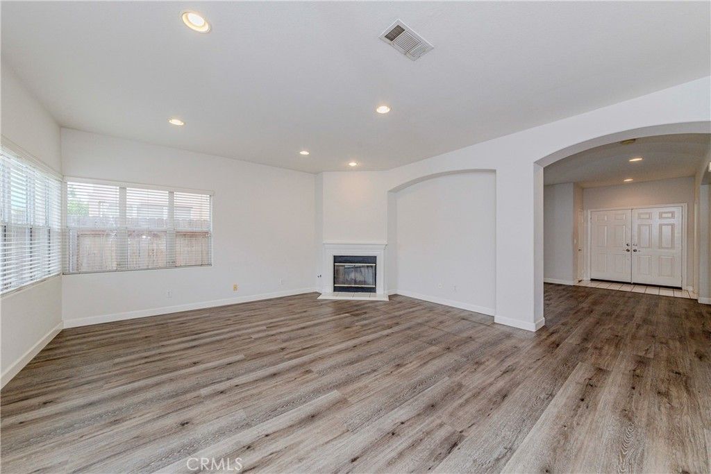 Empty room, Fireplace, Interior, Recessed Lighting, Wood Texture Flooring