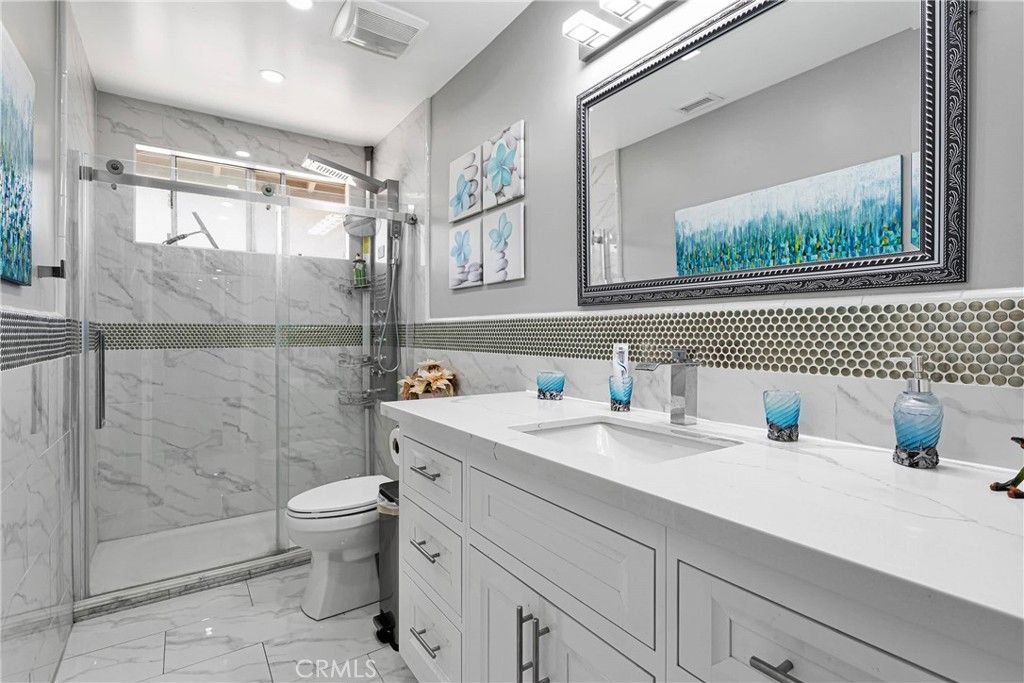 Bathroom, Glass Shower, Interior, Marble, Marble Walls, Recessed Lighting