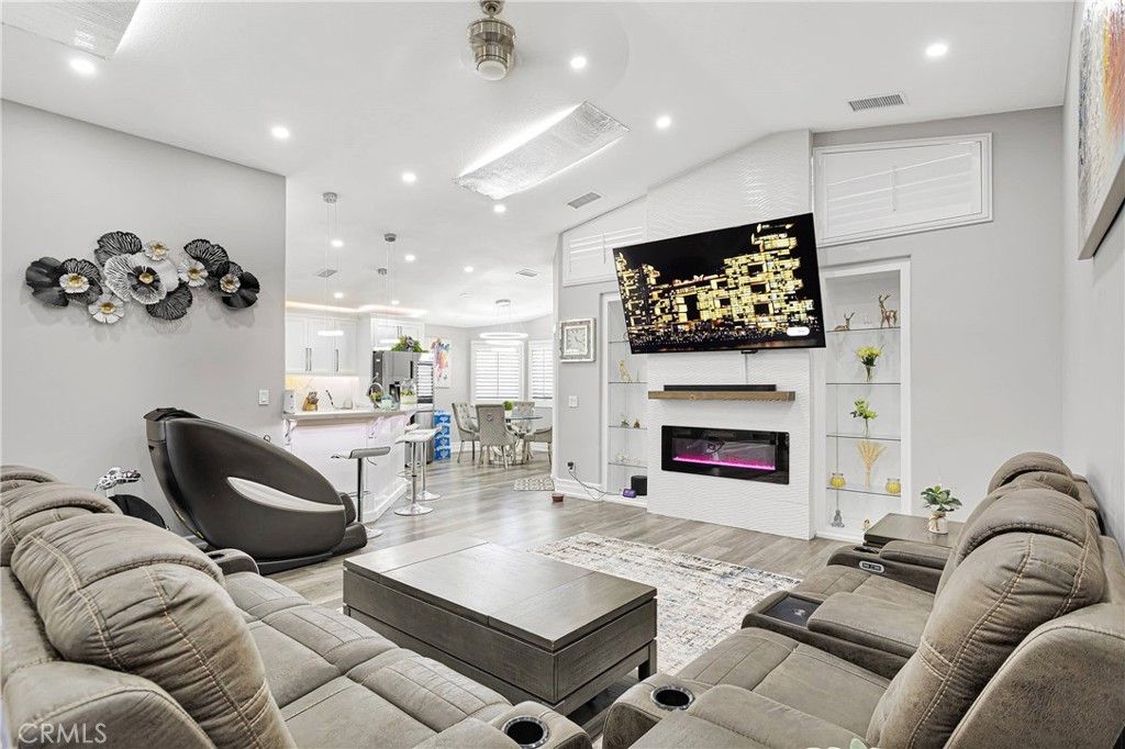 Dining room, Fireplace, Interior, Kitchen, Living room, Pendant Lights, Recessed Lighting, Wood Texture Flooring