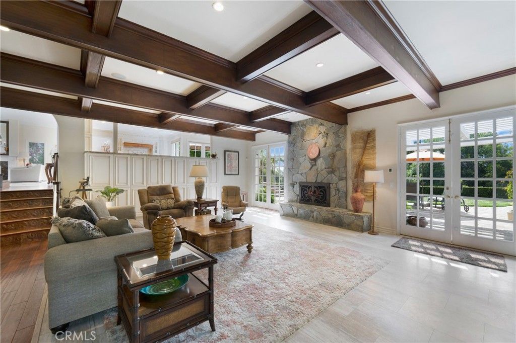 Fireplace, Interior, Living room, Recessed Lighting, Wooden Beams