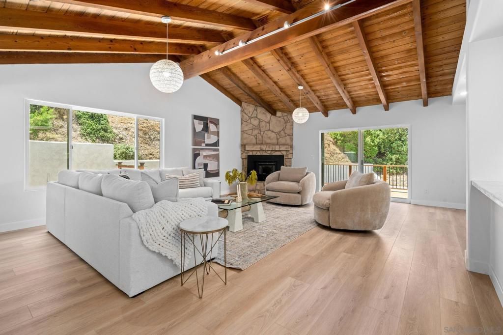 Fireplace, Interior, Living room, Pendant Lights, Wooden Beams, Wooden Ceilings, Wood Texture Flooring