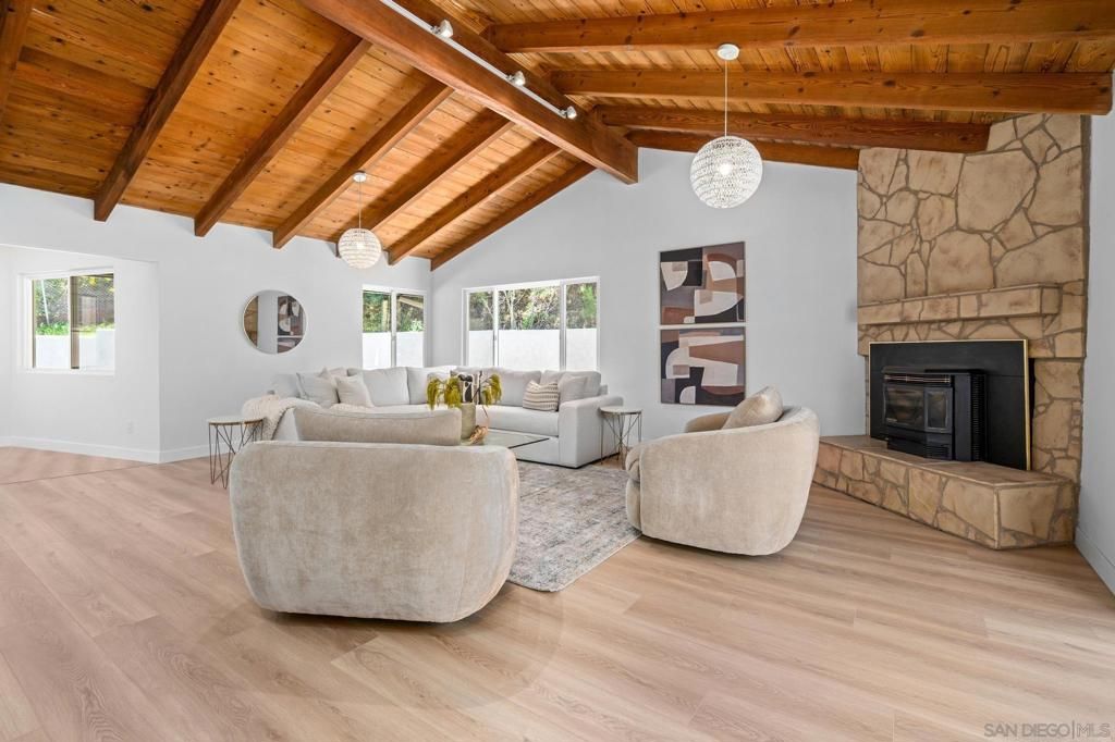 Fireplace, Interior, Living room, Pendant Lights, Stone Walls, Wooden Beams, Wooden Ceilings, Wood Texture Flooring
