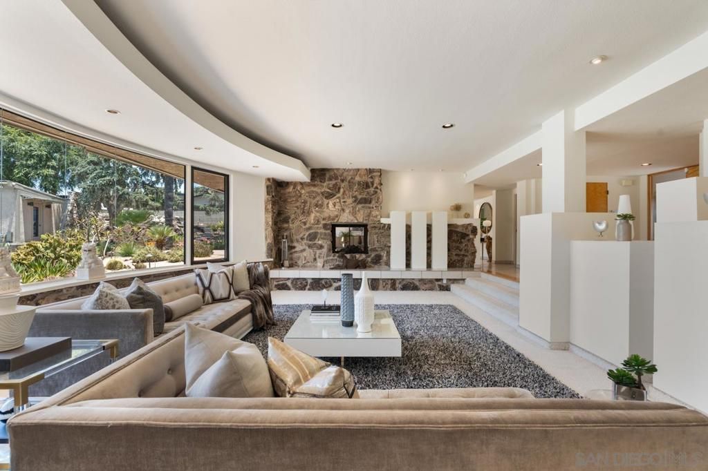 Fireplace, Interior, Living room, Recessed Lighting, Stone Walls