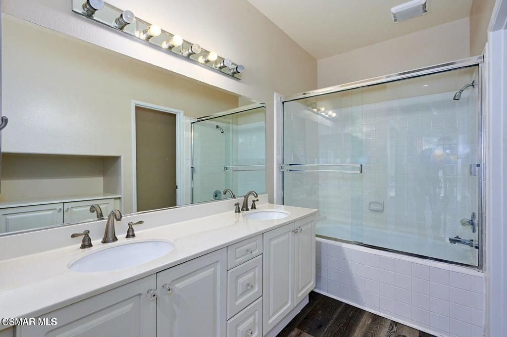 Bathroom, Dual Sink Vanities, Glass Shower, Interior, Wood Texture Flooring