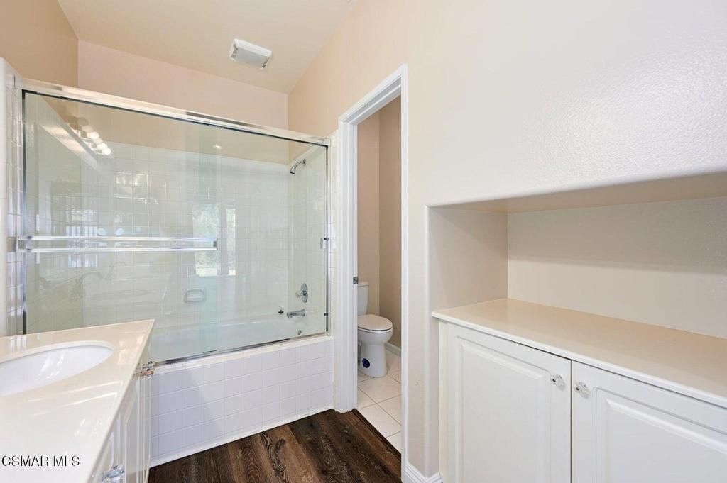 Bathroom, Glass Shower, Interior, Wood Texture Flooring