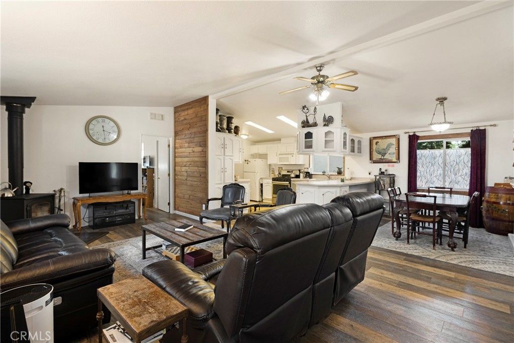 Dining room, Fireplace, Interior, Kitchen, Living room, Pendant Lights, Wood Texture Flooring