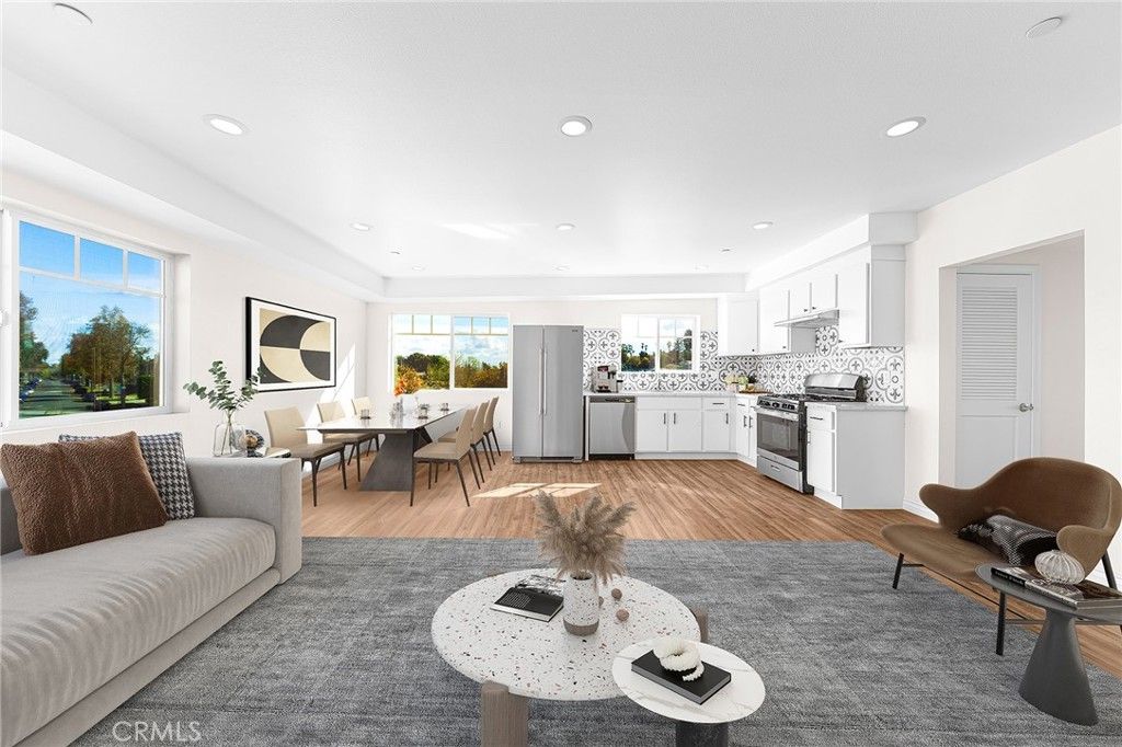 Dining room, Interior, Kitchen, Living room, Recessed Lighting, Stainless Steel Appliances, Wood Texture Flooring