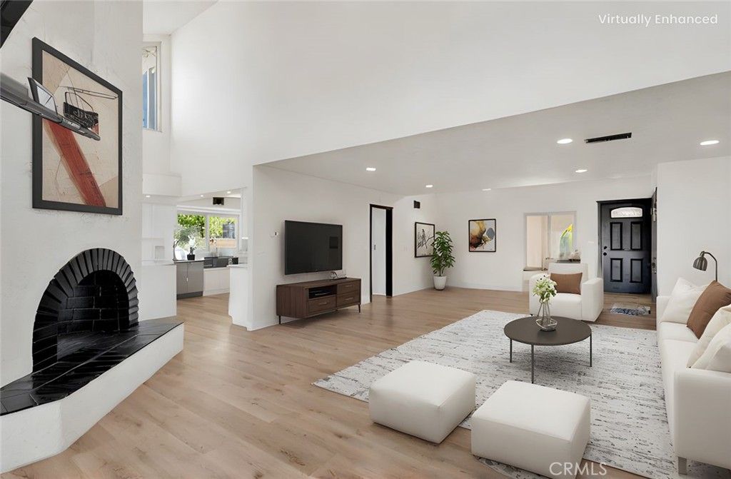 Fireplace, Interior, Living room, Recessed Lighting, Wood Texture Flooring