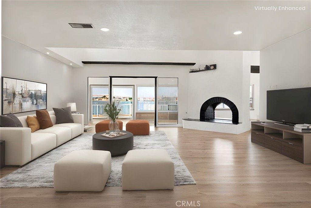 Fireplace, Interior, Living room, Recessed Lighting, Water, Wood Texture Flooring