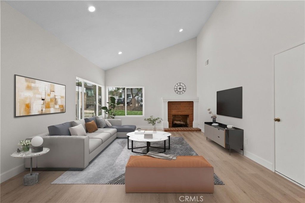 Fireplace, Interior, Living room, Recessed Lighting, Wood Texture Flooring