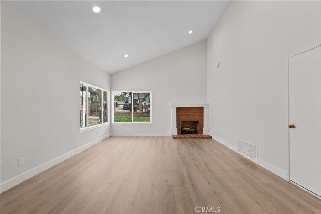 Empty room, Fireplace, Interior, Recessed Lighting, Wood Texture Flooring