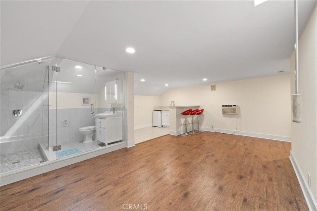 Bathroom, Glass Shower, Interior, Recessed Lighting, Wood Texture Flooring