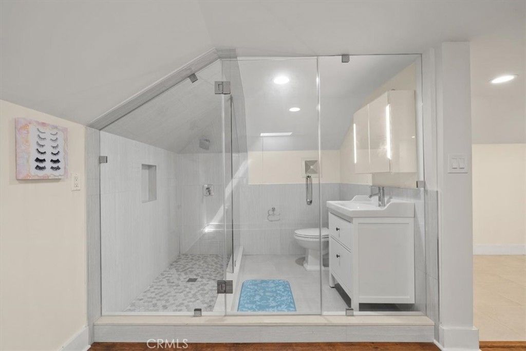 Bathroom, Glass Shower, Interior, Recessed Lighting, Wood Texture Flooring